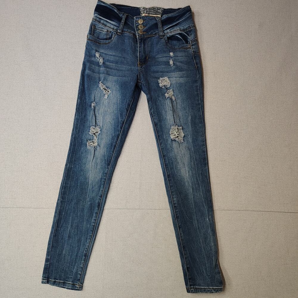 Hot Kiss Get the Lift Jeans Size 5 Juniors Distressed Skinny Y2K 3 Button Blue